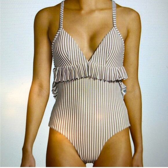 Avec Les Filles $128 Striped one piece ruffle swimsuit tan white sz small Anthro - Picture 1 of 9